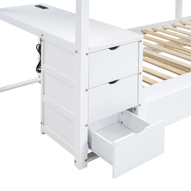 Lit simple superposé simple avec lit gigogne simple, rangement et bureau, blanc, Blanc