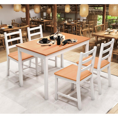Rustic Wood Dining Table, Four High - Back Chairs, Compact Family Dining, 29.61 In Height Modern Kitchen Slatted Supports Table Weight, 24.83 Width