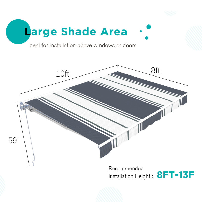AECOJOY Manual Retraction Slope Patio Awning, 120" W x 96" D, Blue Stripes, Striped