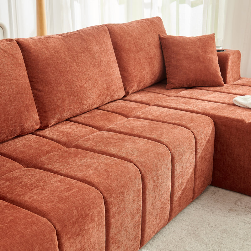 Canapé modulaire 108 po en forme de L en chenille avec porte-gobelets, poches latérales et sans assemblage, Orange
