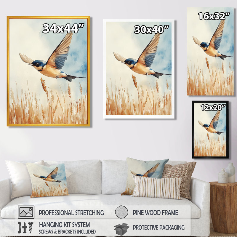 Bird Swallow Over The Fields I - Bird Framed Prints, Black, Floater Framed Print, 20" H x 12" W