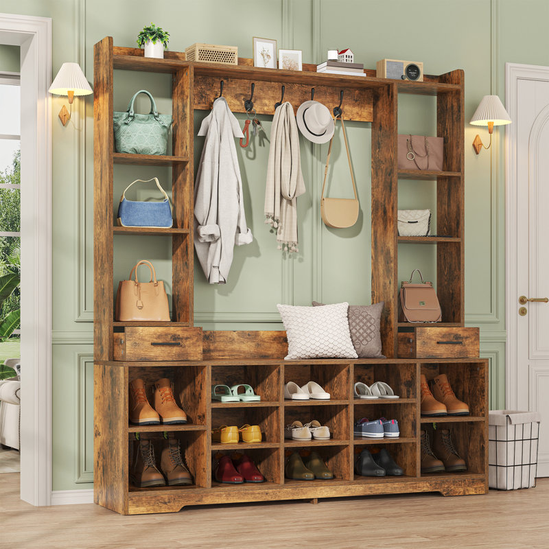 6-In-1 Entryway Hall Tree With Shoe Bench, 13 Cubbies & 2 Drawers, Multi-Functional Storage Organizer For Entryway, Hallway, And Mudroom