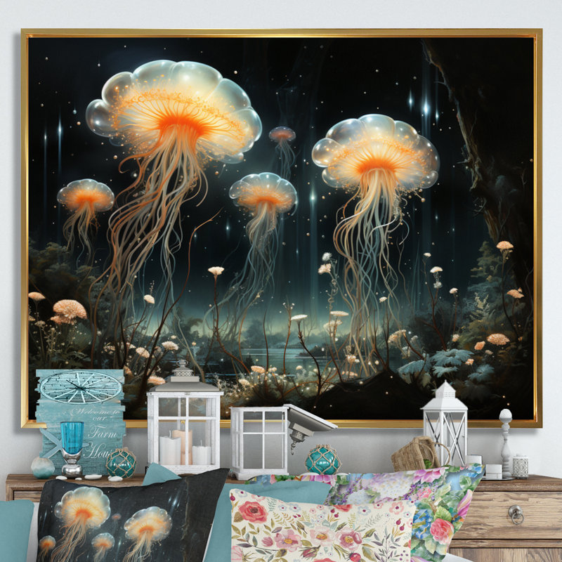 Jellyfish Luminescent Beauty IV - Animals Canvas Art Print, Cadre flottant doré, H 34 po x l 44 po x P 1,5 po