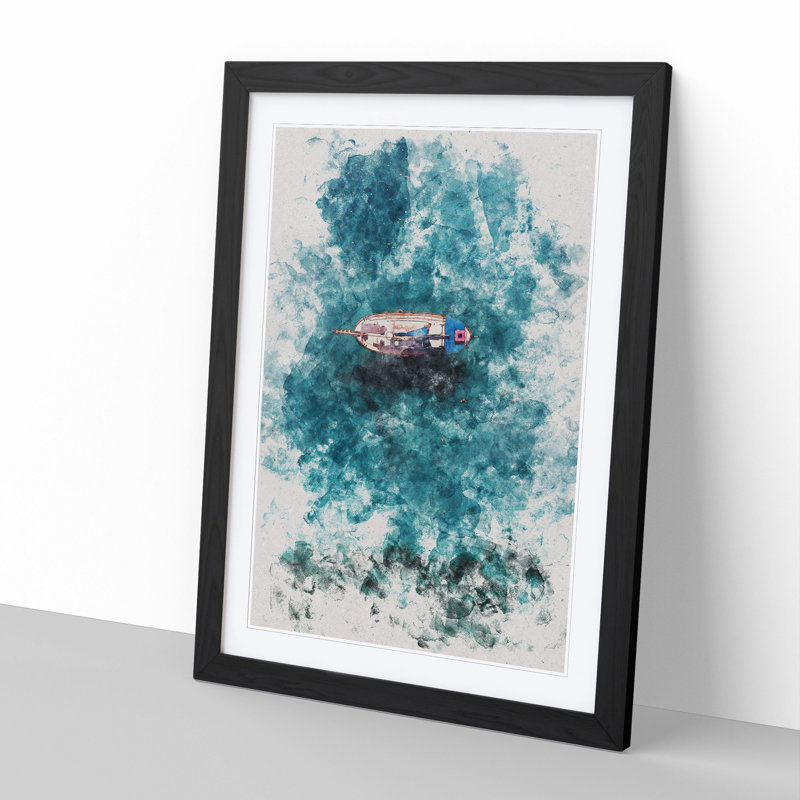 Boat and Swimmers in Cyprus Watercolour - Picture Frame Graphic Art, Black, 36cm H x 27cm W x 2cm D