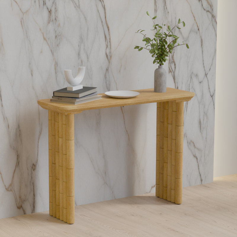 Console moderne en bois massif avec pieds cannelés - finition naturelle, table d'entrée pour vestibule ou couloir, style maison de campagne