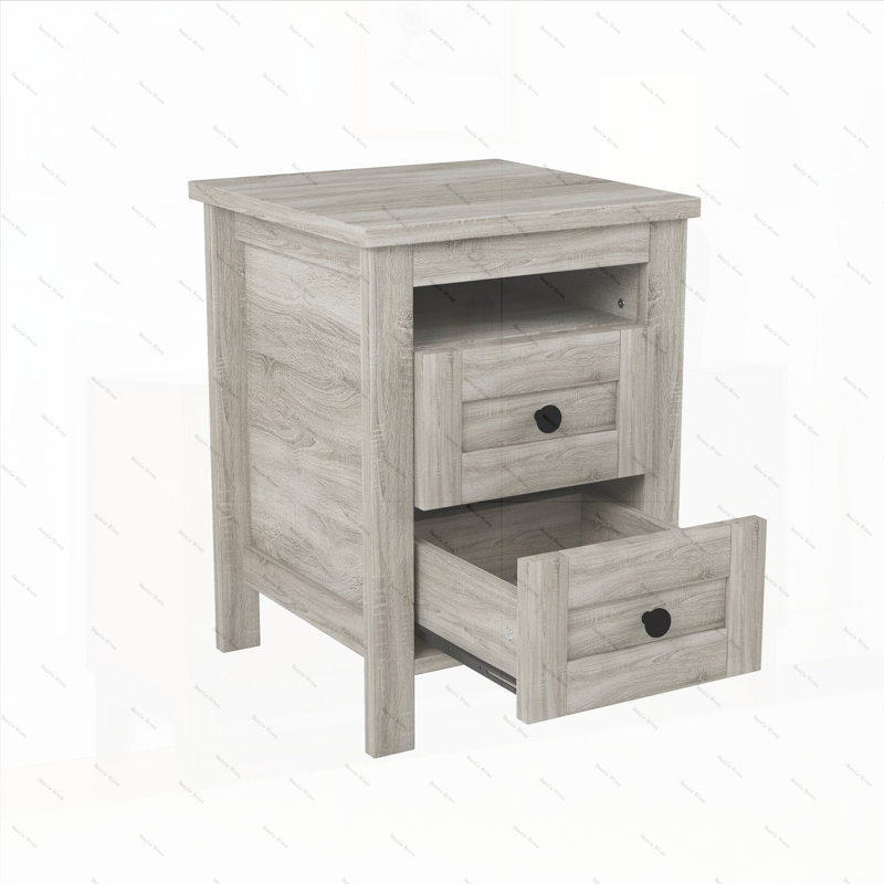 Table de chevet 2 tiroirs en bois, Gris