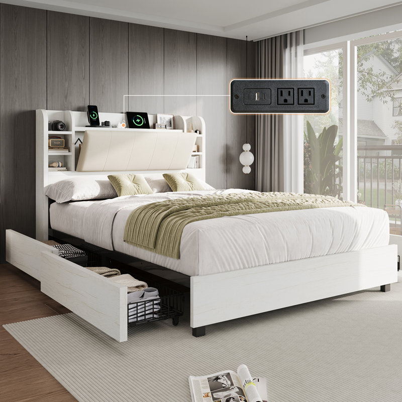 47.2" Bookcase Upholstered Queen Size Bed Frame with 4 Storage Drawers,White, Queen, White