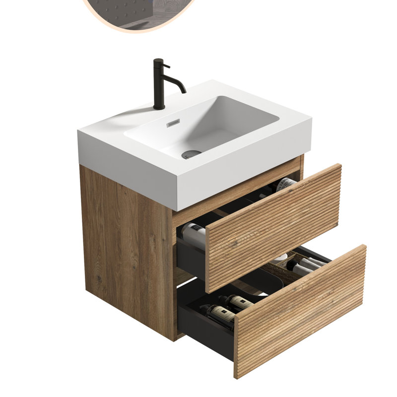 Meuble-lavabo flottant mural moderne, conception en chêne, tiroirs doubles, planches de qualité E1, système de fermeture en douceur, poignée cachée, lavabo à finition brute de 23,49 po de hauteur, lavabo en quartz blanc, E0 silencieux