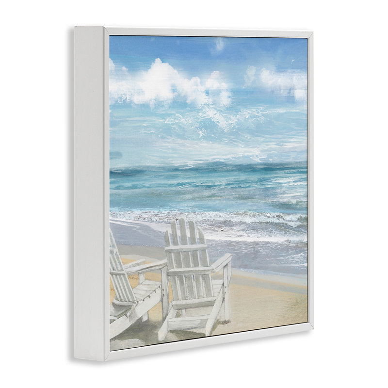 «Adirondack Chairs on the Beach», impression, H 17 po x l 17 po, Giclée encadrée blanc bord de mer