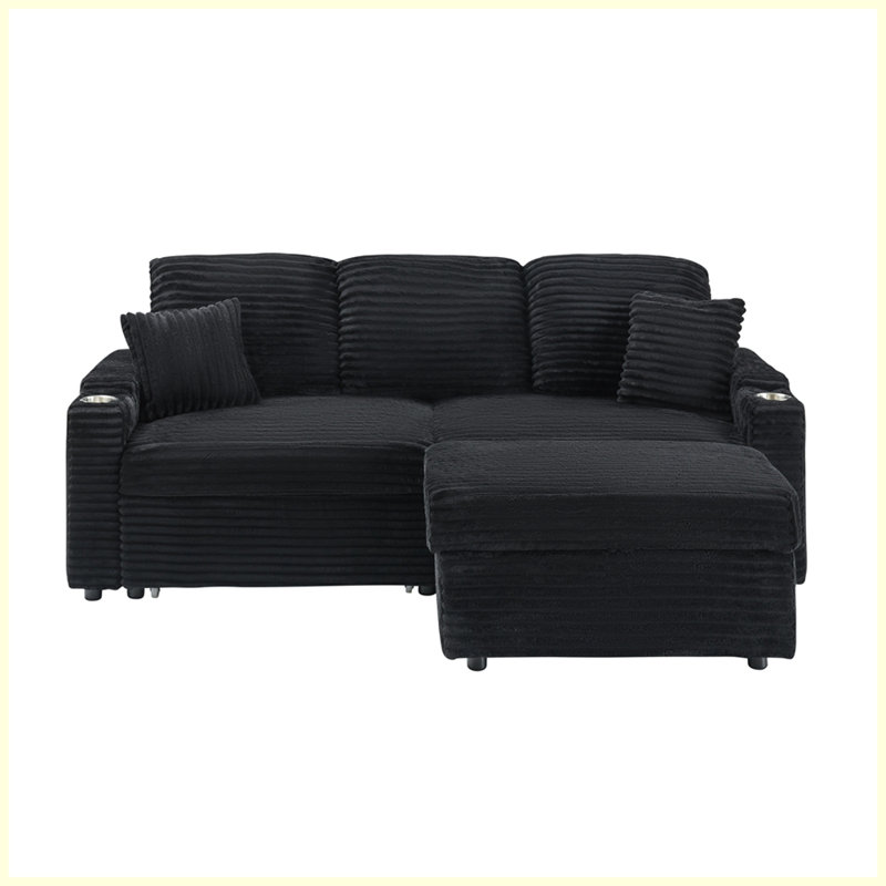 Modern Multi-Function Sofa with Hidden Reclining and Cup Holders, Black