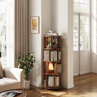 360° Rotating Solid Wood Bookshelf, Equipped with Brake Wheels, Allowing for Flexible Adjustment
