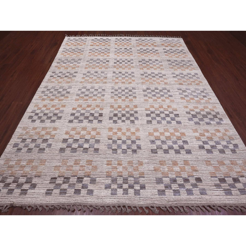 Tapis marocain en mousseline de soie 8 pi 1 po x 10 pi 5 po, tissage marocain avec couleurs douces et équilibrées, noué à la main, laine douce, ton sur ton, velours texturé, tapis oriental