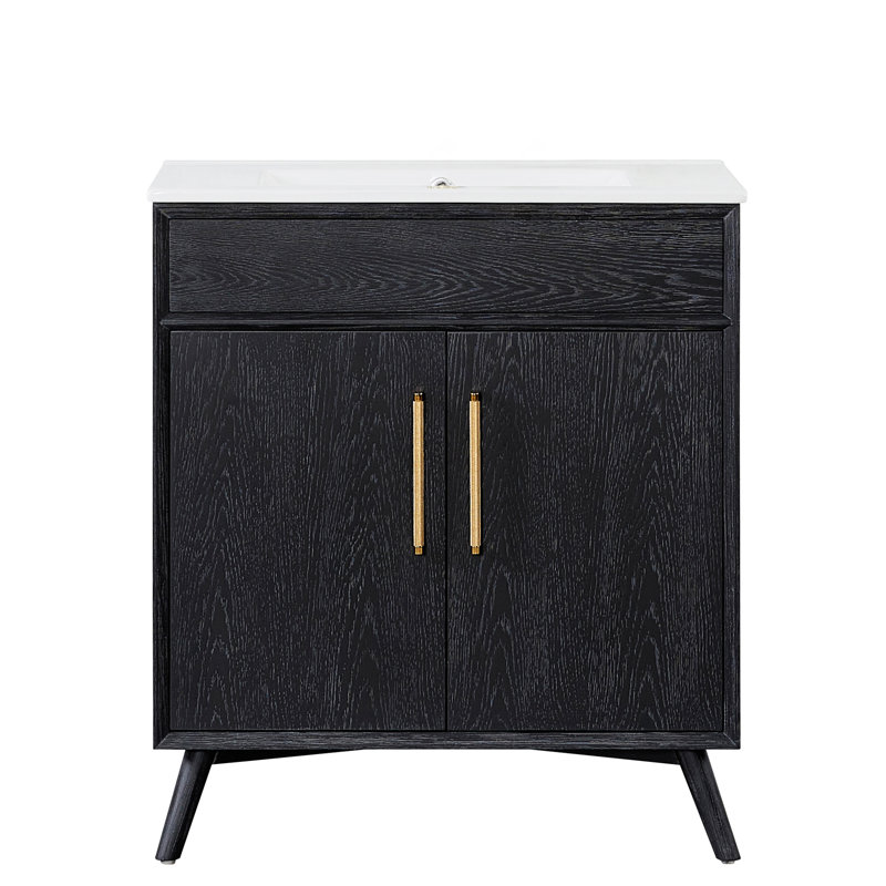 Delhi 30" Single Bath Vanity in with Drop-In White Ceramic Basin Top, Gold, Fir Wood Black