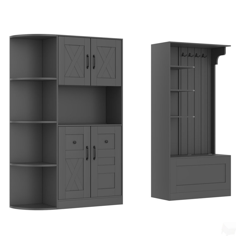 Multifunctional left-right combination hall cabinet (can be used separately) with storage and 4 hooks, storage cabinet/ hall tree 2 in 1 for living room, kitchen and hallway