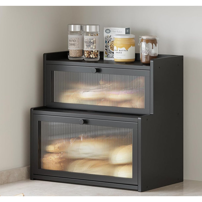Black Double Layer Bamboo Bread Box with Window