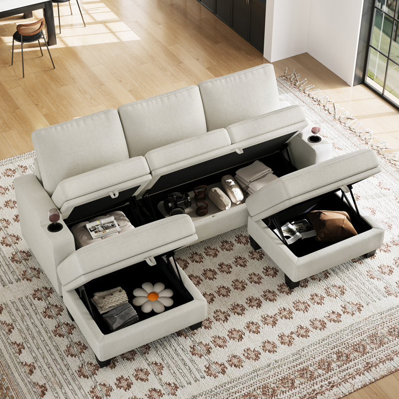 Chenille Upholstered Living Room Storage Sofa With Cupholders, Beige
