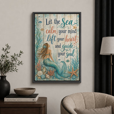 Let the Sea Calm Your Mind Mermaid Inspirational Coastal Artwork, Bathroom Pictures, Framed Canvas Giclee Print Wall Art