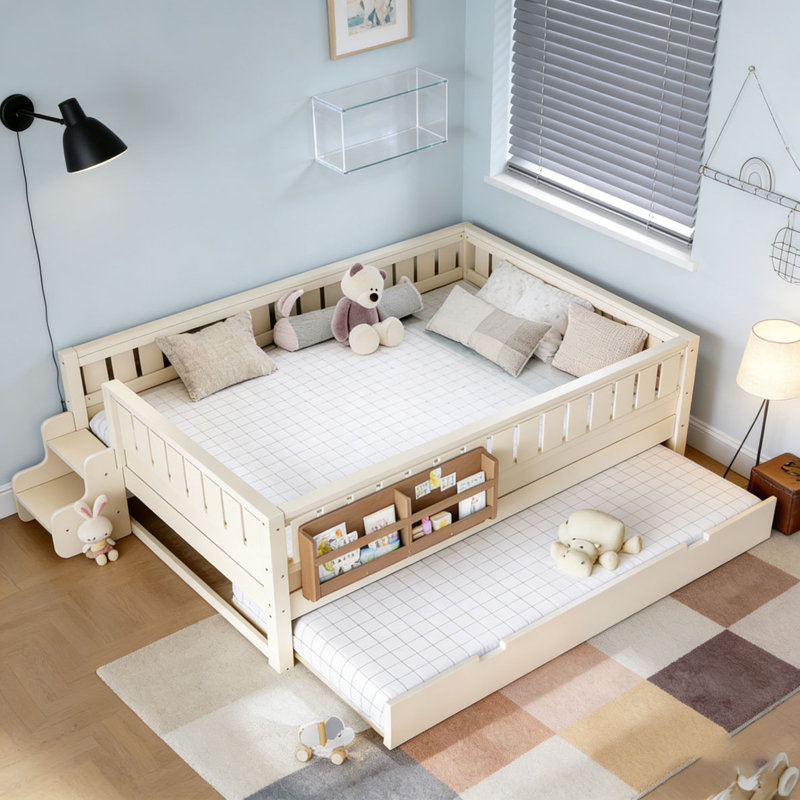 Bed with Built-in Bookshelves and Small Staircase, Double, Beige