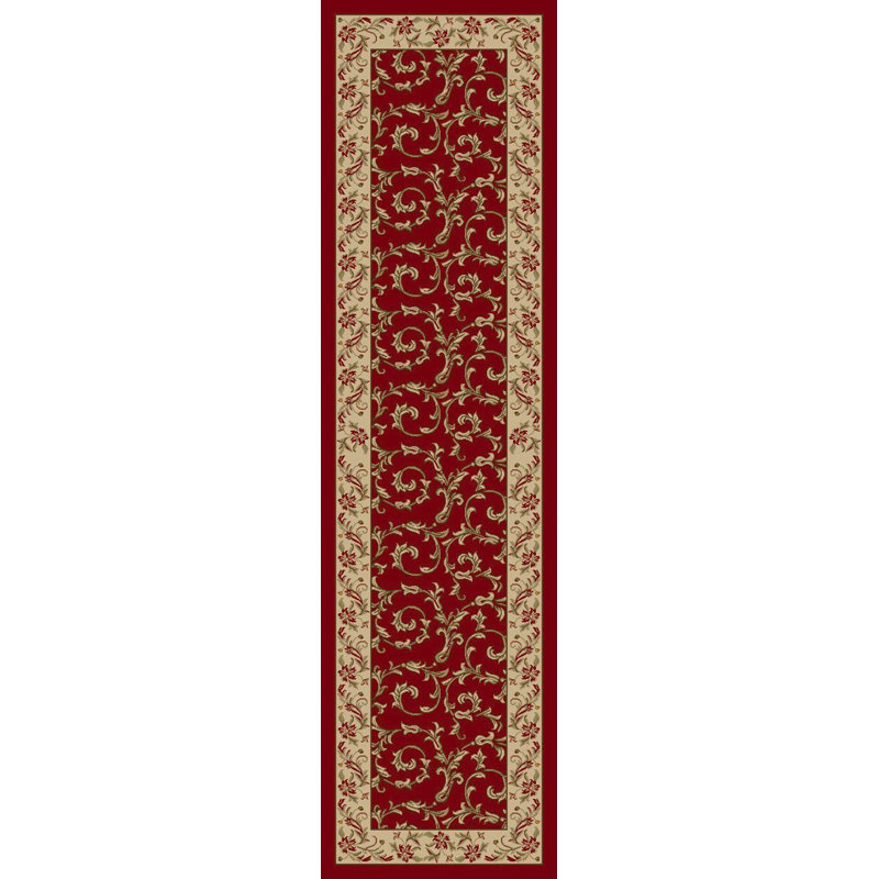 Floral Scroll Red Slip Resistant Machine Washable Rugs, Runner 1'11" x 6'11"