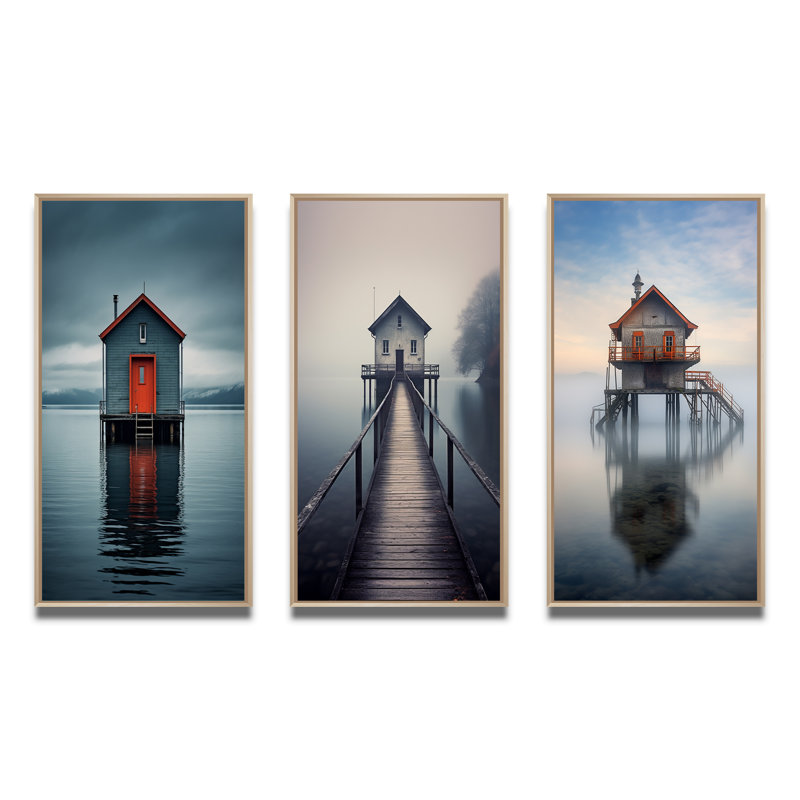 «Little Wooden Lakehouse Pier On A Misty Lake Day», 3 pièces, Encadré naturel, H 60 po x l 40 po