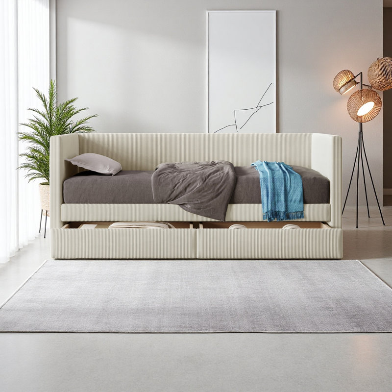 Twin Size Corduroy Daybed With Two Drawers And Wood Slat, Beige