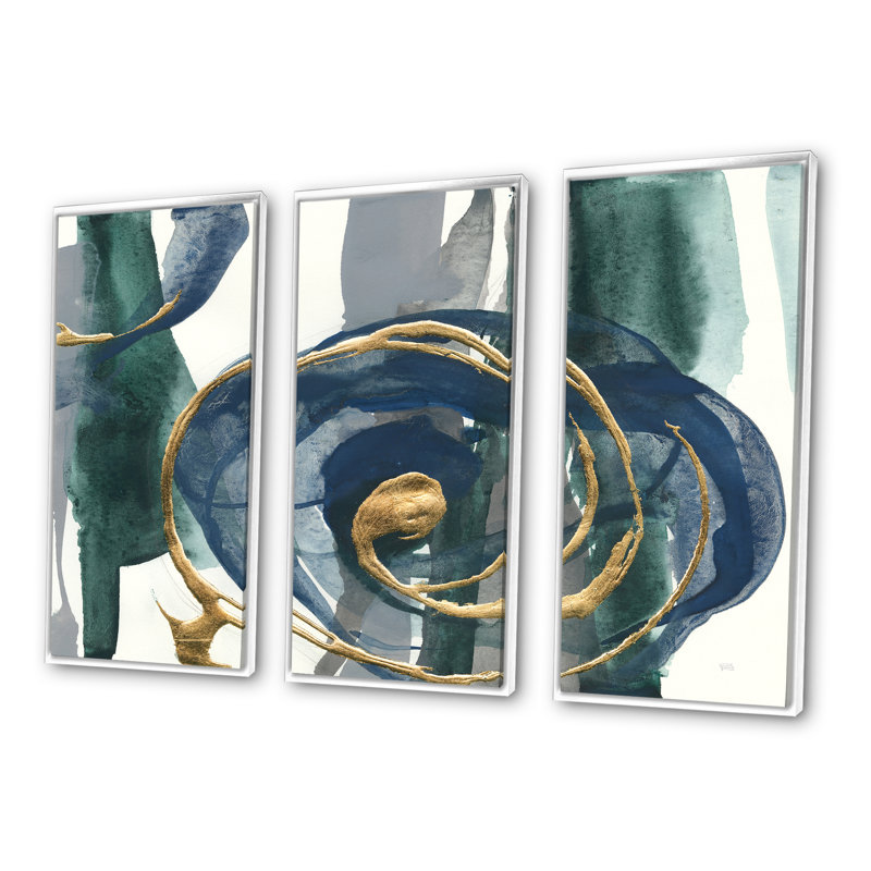 Mettalic indigo et or I - ensemble d'art mural sur toile encadré chic et luxueux de 3, H 32 po x l 48 po x P 1 po, Blanc