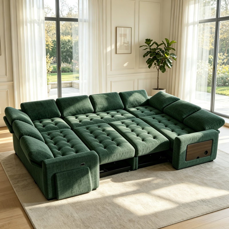Canapé-lit modulaire en forme de U à 8 places avec lit escamotable, table d'appoint, rangement caché, ports USB et DEL, canapé convertible multifonctionnel en chenille de 102 po pour le salon et l’appartement