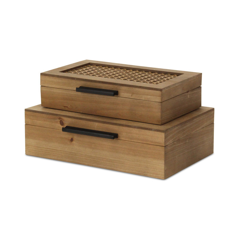 Ensemble de boîte en rotin et bois Baskura | Poignées noires |, H 3,75 po x l 11,75 po x P 8,5 po