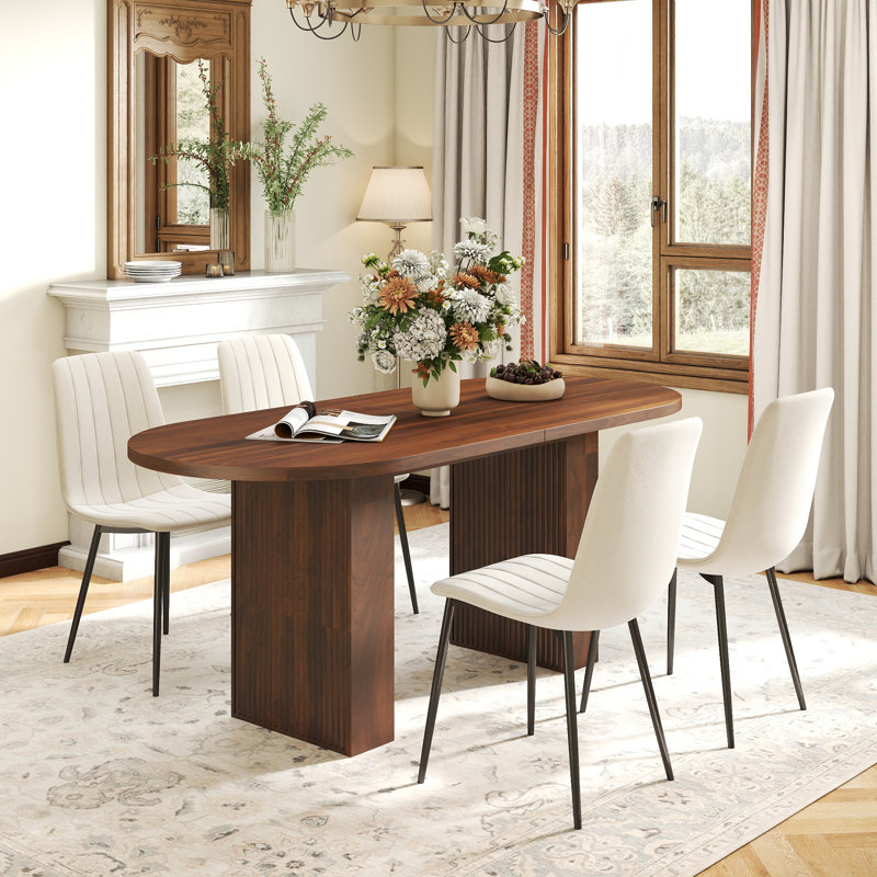 Mid Century Oval Pedestal Dining Table Sets, Beige, 5 Pieces: Table, 4 Chairs, Walnut