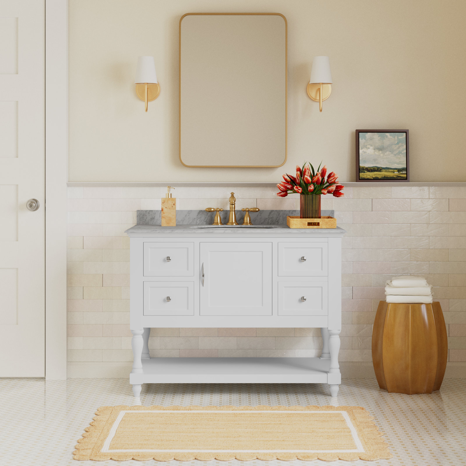 Hampton 42'' Single Bathroom Vanity, White, Carrara Marble