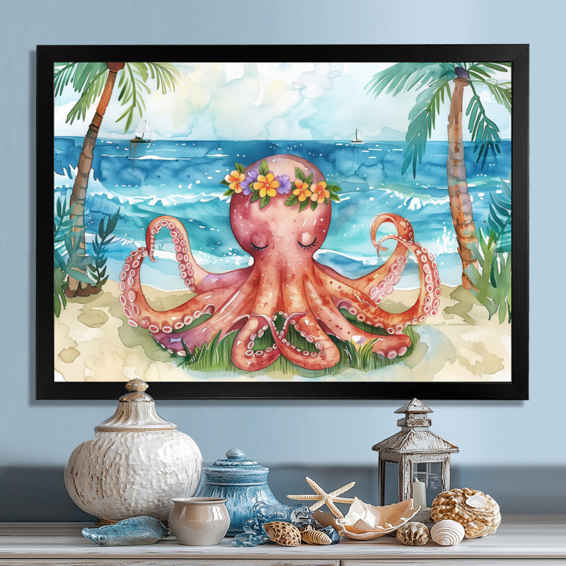 Pieuvre méditant sur la plage à Hawaï - Pieuvre / calmar, art mural, salon, Toile encadrée noire simple