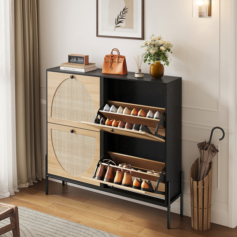Armoire à chaussures en rotin avec 4 portes rabattables, Chêne