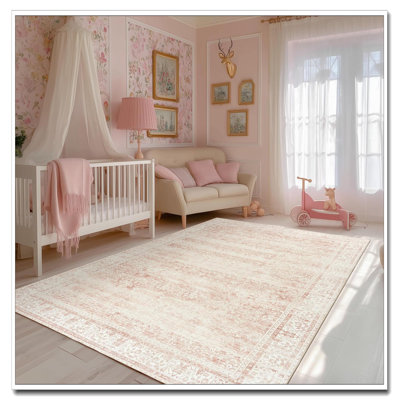 Blush Pink 5X7 Boho Floral Nursery Rug Washable Low-Pile Carpet For Baby Girl Bedroom