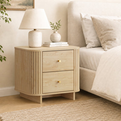 23.2'' W Natural Oak 2-drawer Nightstand With Fluted Sides, Rounded Frame And Gold Knobs