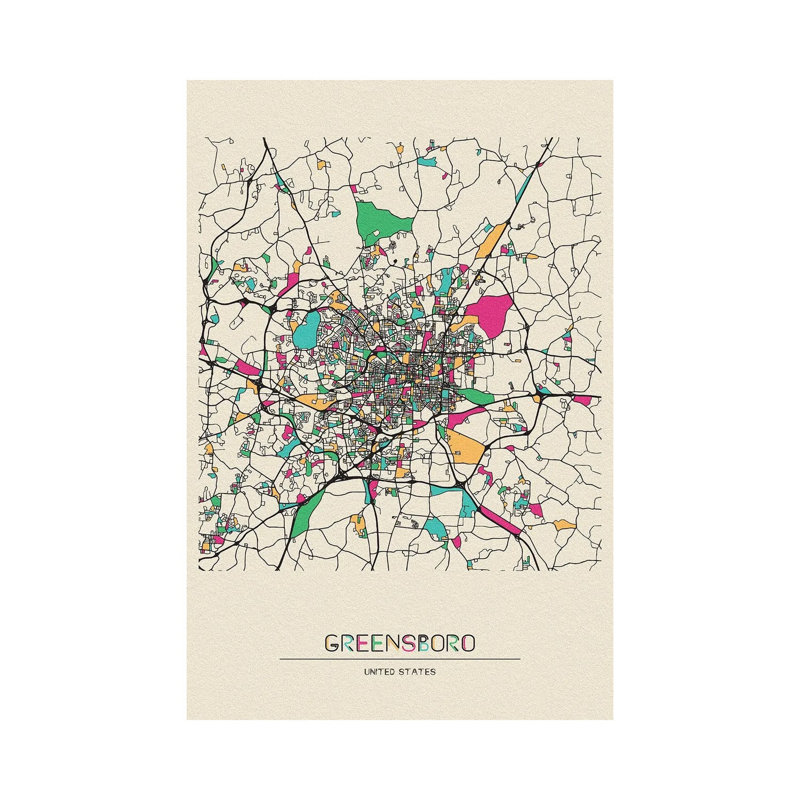 Greensboro, North Carolina Map by Ayse Deniz Akerman - Wrapped Canvas Gallery-Wrapped Canvas Giclée, 20.32 cm H x 30.48 cm W