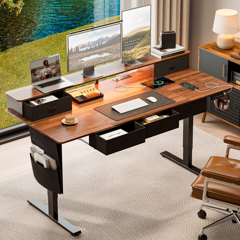 Bureau assis-debout avec 5 tiroirs, concentrateur électrique, lumières DEL, tablette de moniteur et gestion des câbles