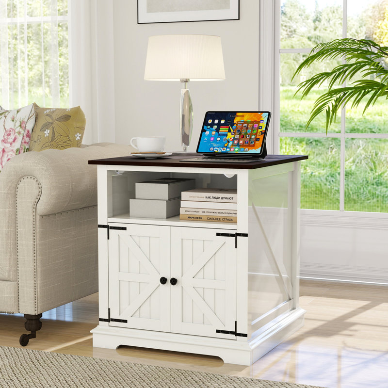 Modern Farmhouse End Table With Charging Station, Storage Cabinet For Bedroom And Living Room, Set of 2, White