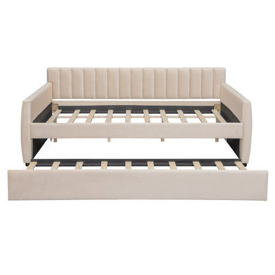 Full Size Upholstered Daybed With Trundle And Wood Slat Support