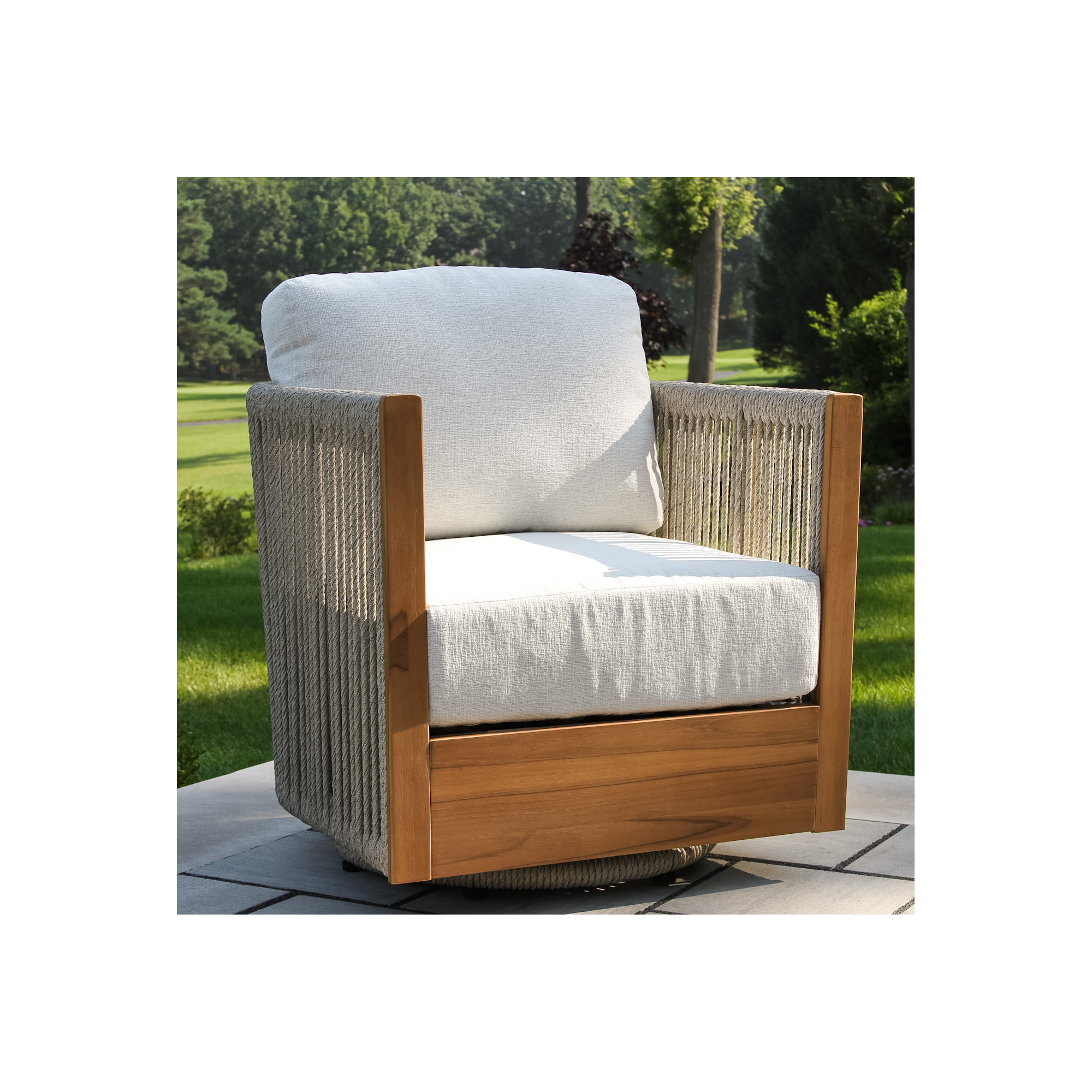 Aniston Teak Outdoor Swivel Patio Chair with Sunbrella Cushions, Ivory
