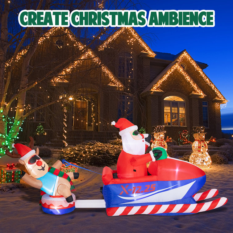 The Holiday Aisle Snowmobile Santa Claus And Reindeer Sleigh With LED Christmas Inflatables Outdoor Decorations, Inflatable Christmas Blow Up Outdoor