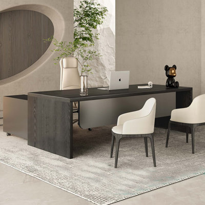Bureau de direction en L en bois massif noir avec tiroirs