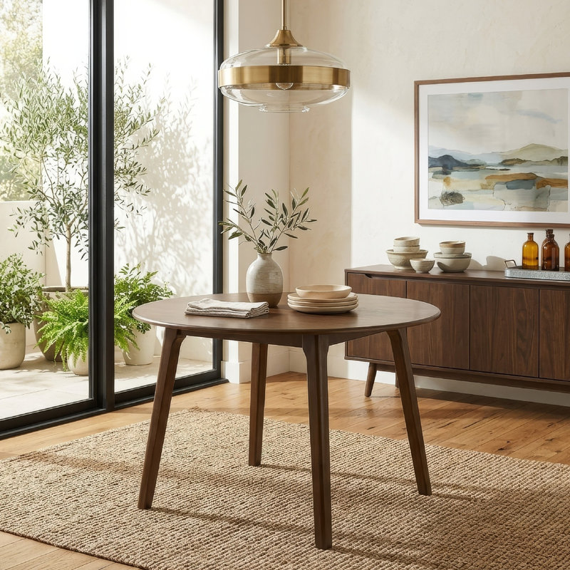 Koko Dining Table, 48 Inch Round Top, Dark Walnut Brown Rubberwood