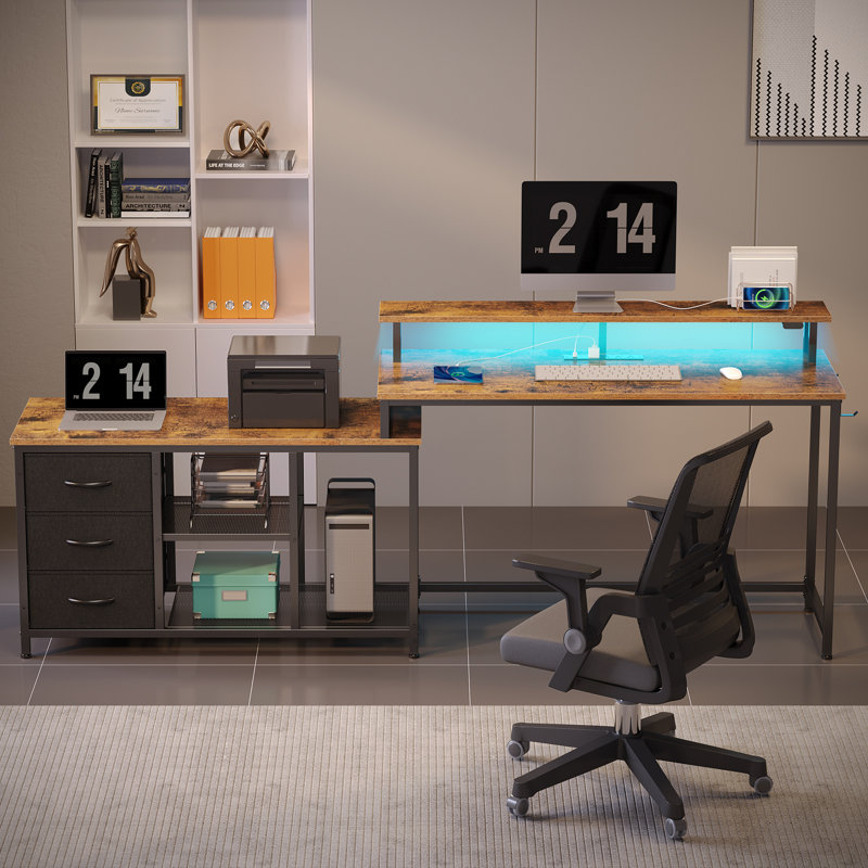 L Shaped Desk with RGB LED Lights & Outlets, Reversible Computer Desk with Drawers, Rustic Brown/Black