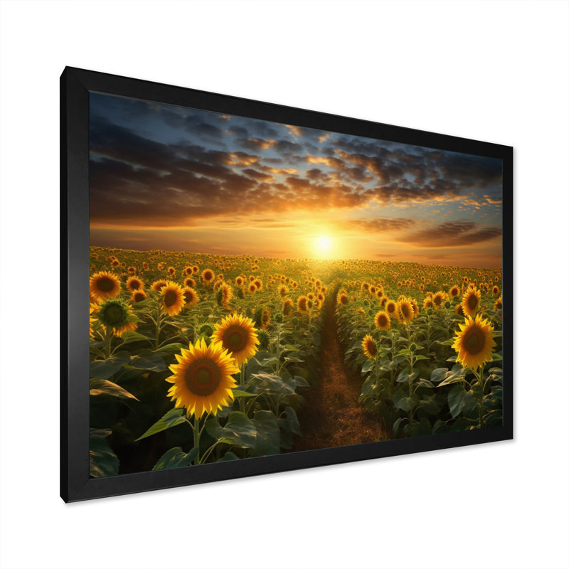 Tournesol doré panoramique - décoration murale florale, Cadre simple noir, H 24 po x l 32 po x P 1 po
