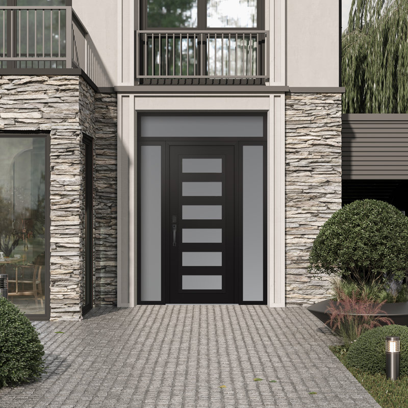 C9 à droite 64 po X 96 po Panneau en acier noir et verre givré noir et blanc avec 2 panneaux latéraux et porte d'entrée avant en verre givré avec traverse