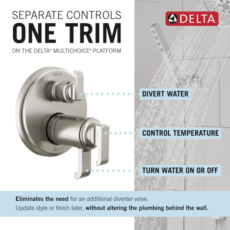 Tetra 17T Series 3-Setting Integrated Diverter Valve Trim Kit, Shower Faucet Diverter Kit, Stainless