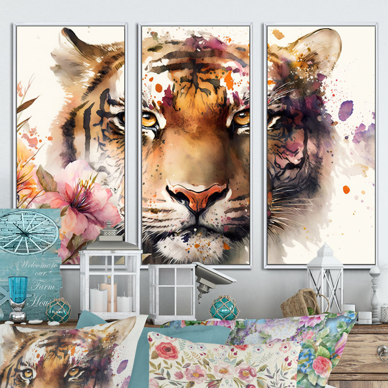 Portrait de tigre avec fleurs I - reproduction de 3 pièces sur toile, H 28 po x l 36 po x P 1 po, Cadre blanc