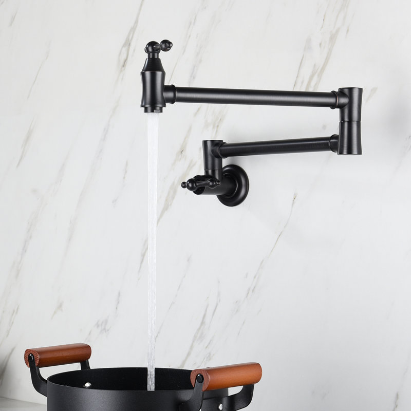 Matte Black Wall Mounted Pot Filler Faucet, Folding Design, 360 Swivel, Brass, Corrosion Surface, Double Handles Faucet Mount, Rotation, For Steady Water Output
