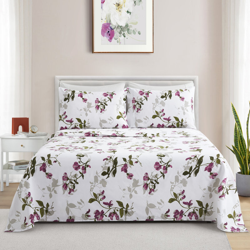 Queen Pink Floral Print Bamboo Polyester Deep Pocket Bedding Set