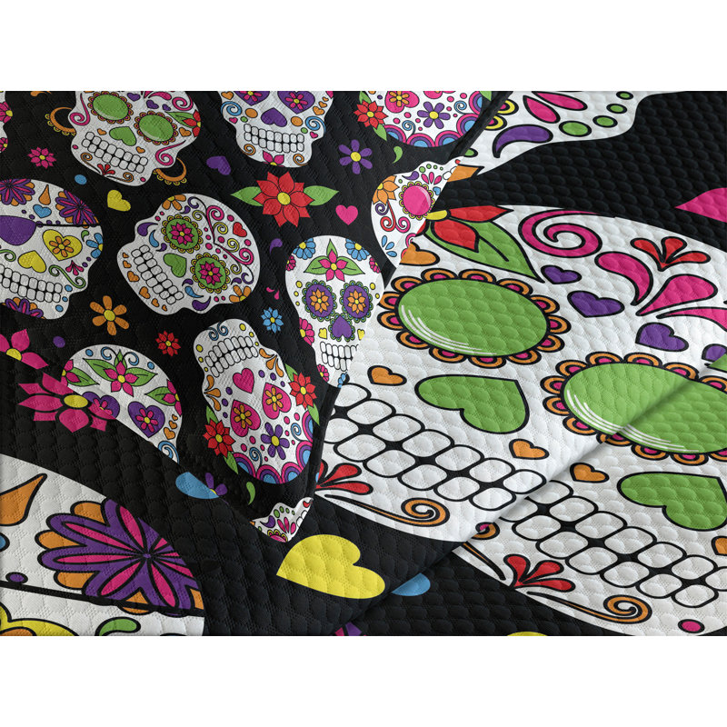 Queen White and Multicolor Sugar Skull Bedspread Set